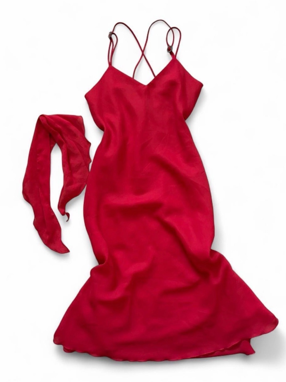 Red Satin Slip Dress with Scarf